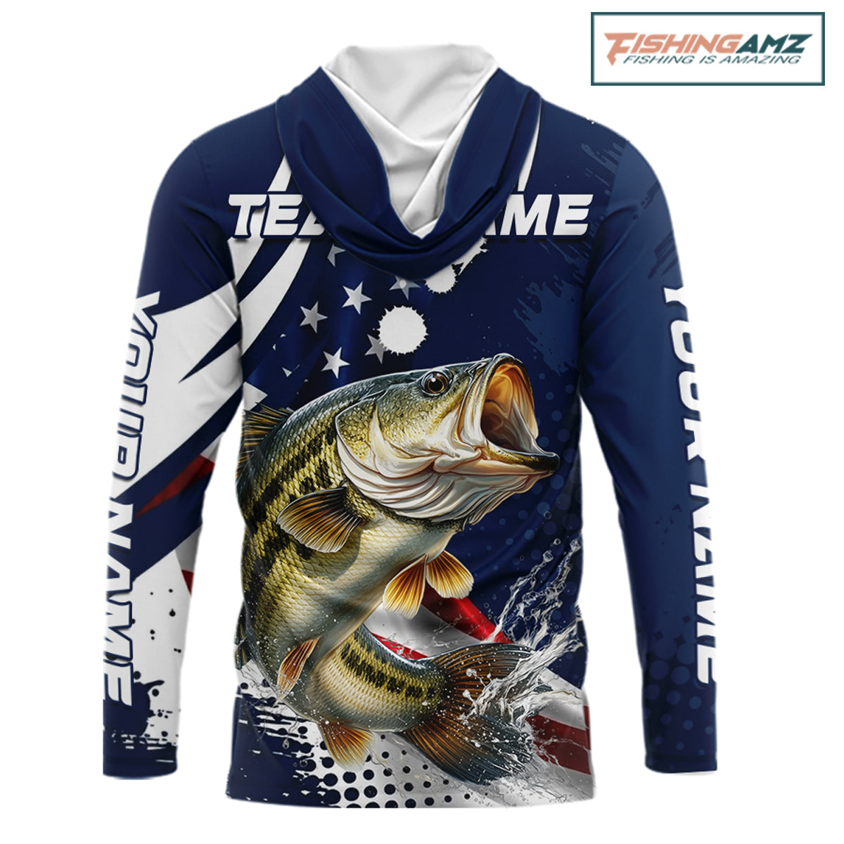 Bass Fishing American Flag Custom Long Sleeve Hooded Tournament Fishing Shirts, Patriotic Bass Fishing Jerseys NBT717