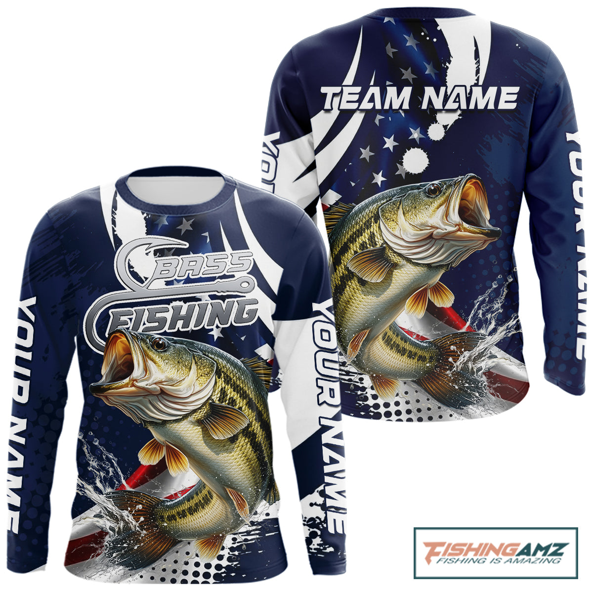 Bass Fishing American Flag Custom Long Sleeve Tournament Fishing Shirts, Patriotic Bass Fishing Jerseys NBT717
