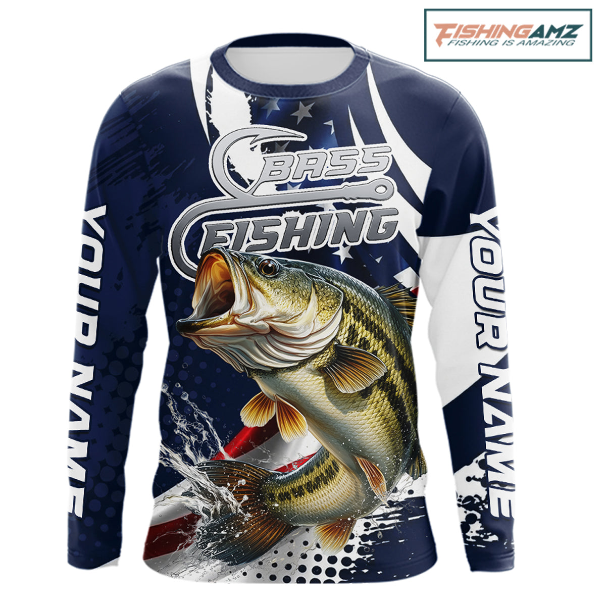 Bass Fishing American Flag Custom Long Sleeve Tournament Fishing Shirts, Patriotic Bass Fishing Jerseys NBT717