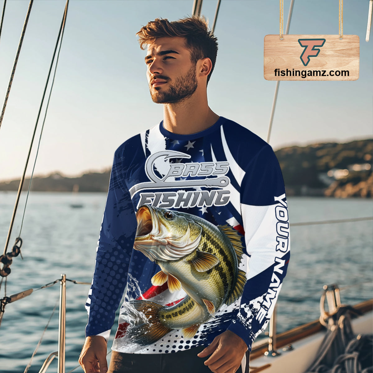 Bass Fishing American Flag Custom Long Sleeve Tournament Fishing Shirts, Patriotic Bass Fishing Jerseys NBT717