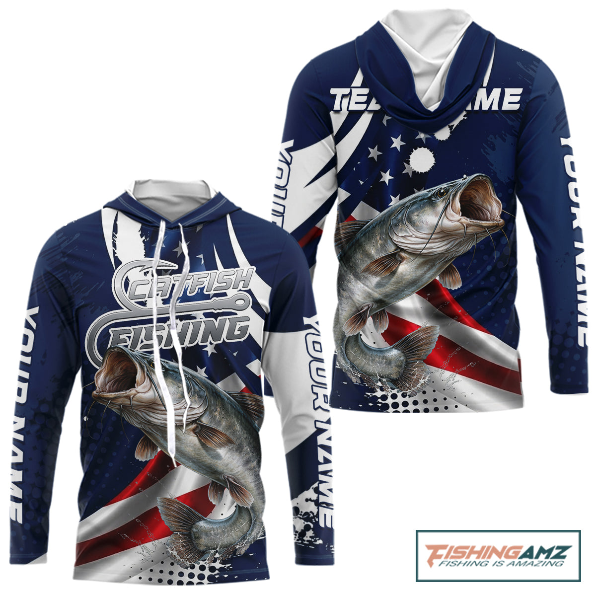Catfish Fishing American Flag Custom Long Sleeve Hooded Tournament Fishing Shirts, Patriotic Fishing Jerseys NBT718
