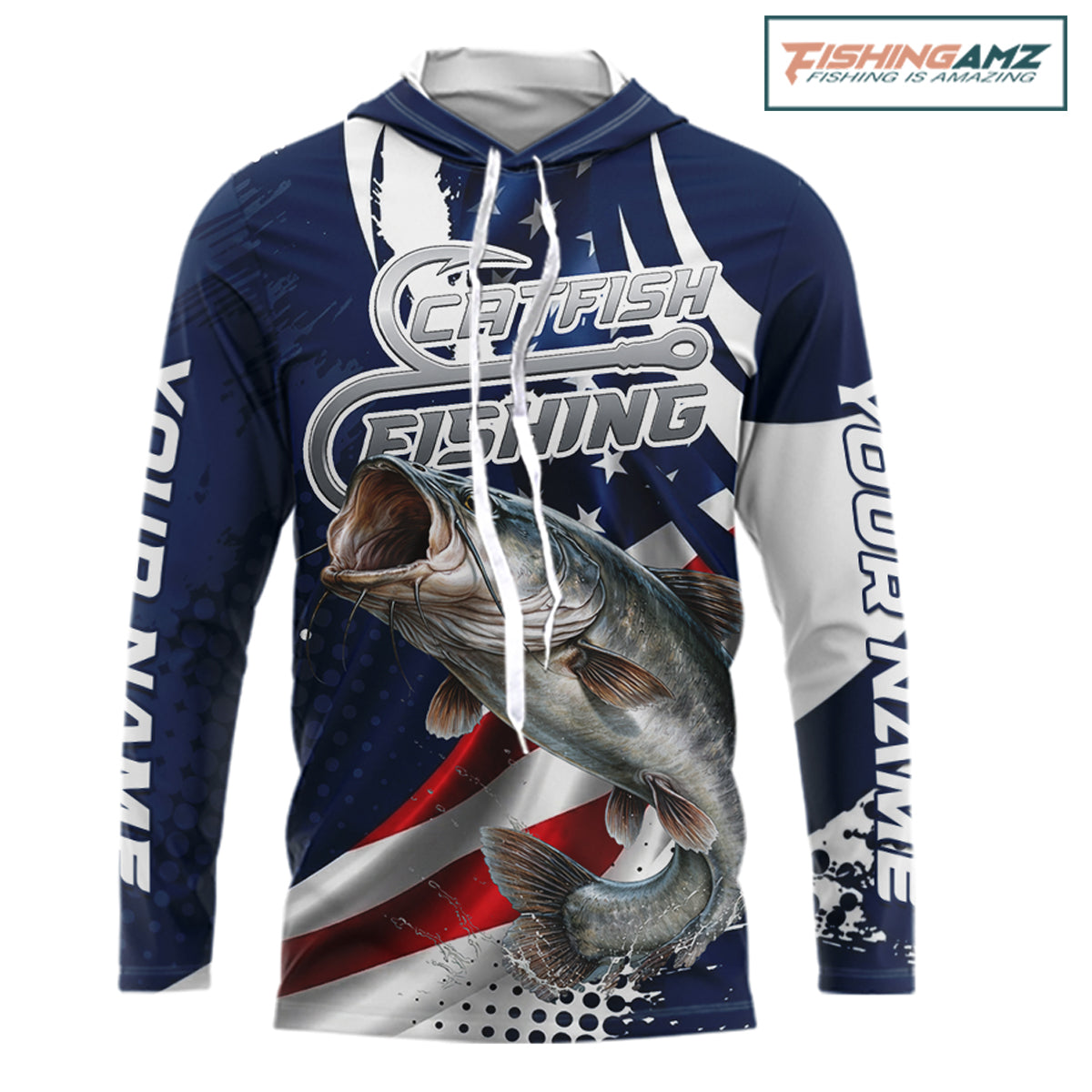 Catfish Fishing American Flag Custom Long Sleeve Hooded Tournament Fishing Shirts, Patriotic Fishing Jerseys NBT718