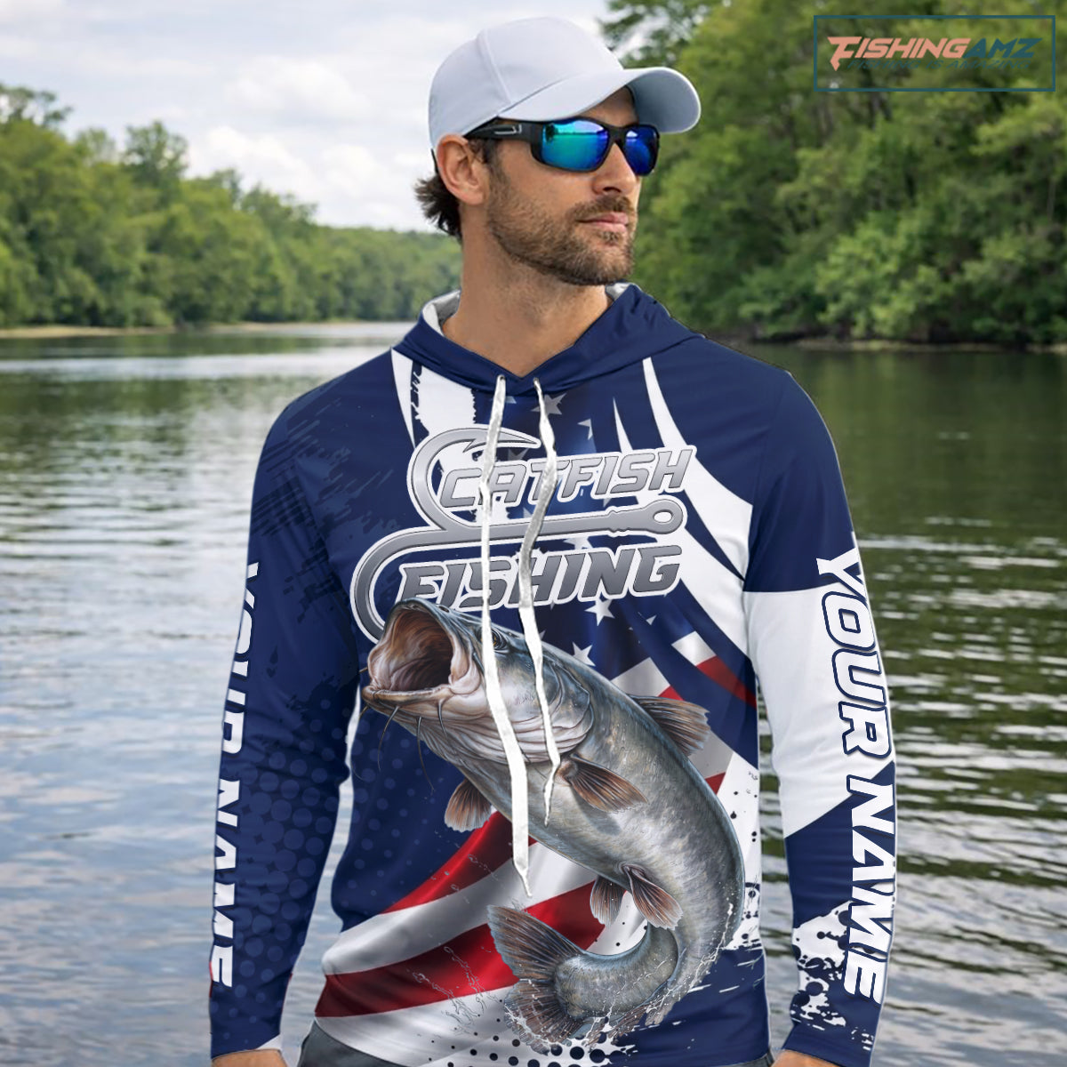 Catfish Fishing American Flag Custom Long Sleeve Hooded Tournament Fishing Shirts, Patriotic Fishing Jerseys NBT718