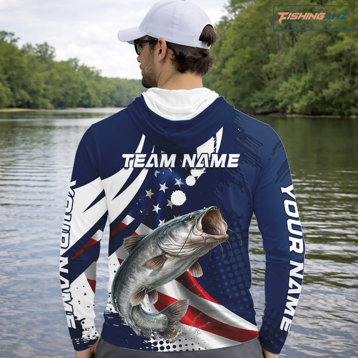 Catfish Fishing American Flag Custom Long Sleeve Hooded Tournament Fishing Shirts, Patriotic Fishing Jerseys NBT718