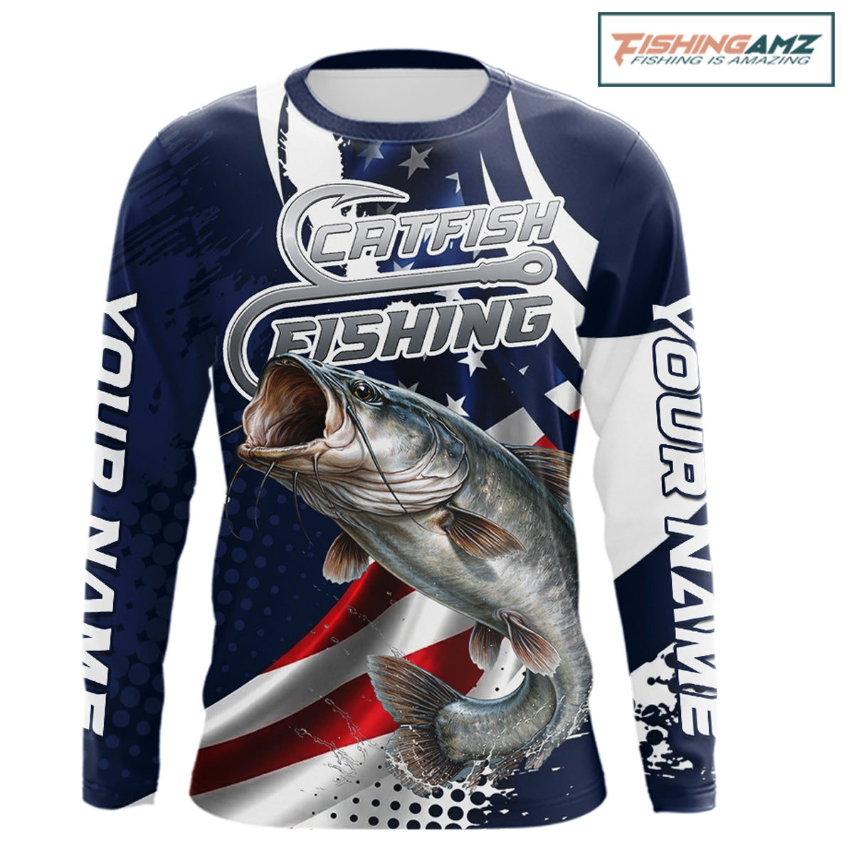 Catfish Fishing American Flag Custom Long Sleeve Tournament Fishing Shirts, Patriotic Fishing Jerseys NBT718