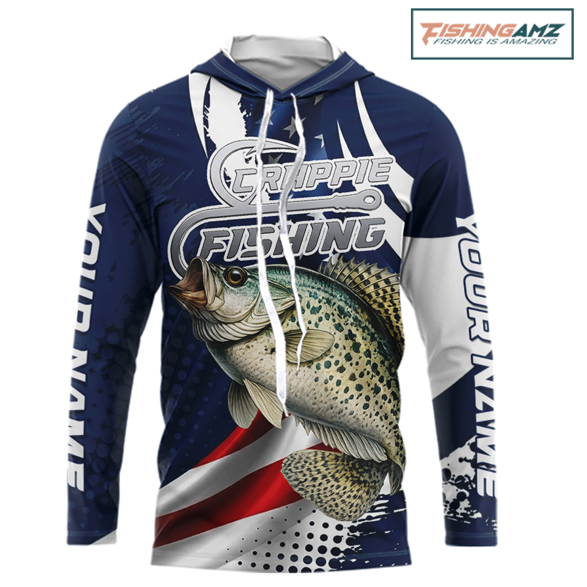 Crappie Fishing American Flag Custom Long Sleeve Hooded Tournament Fishing Shirts, Patriotic Crappie Fishing Jerseys NBT719