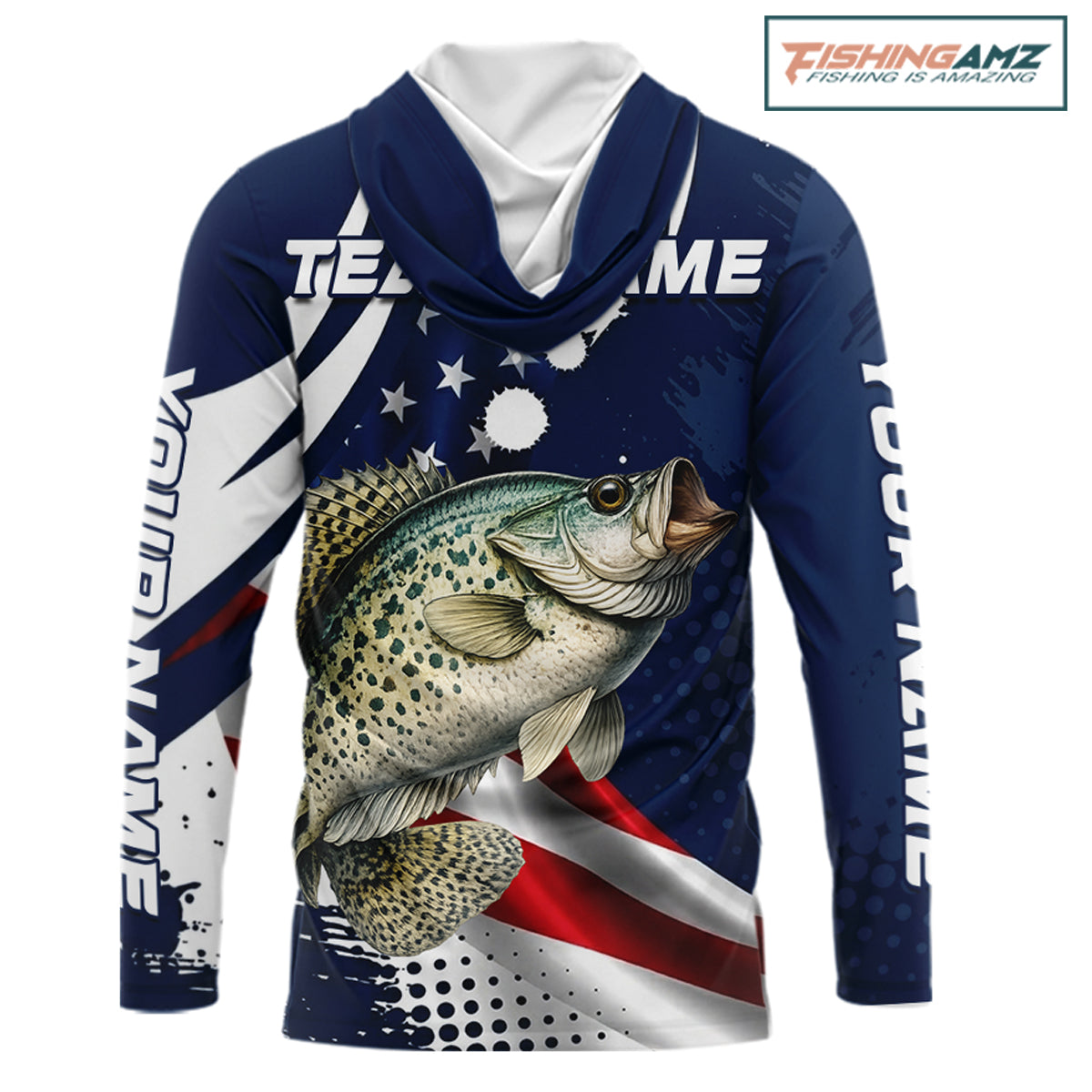 Crappie Fishing American Flag Custom Long Sleeve Hooded Tournament Fishing Shirts, Patriotic Crappie Fishing Jerseys NBT719