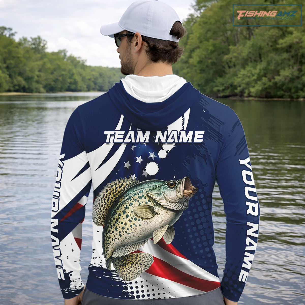Crappie Fishing American Flag Custom Long Sleeve Hooded Tournament Fishing Shirts, Patriotic Crappie Fishing Jerseys NBT719