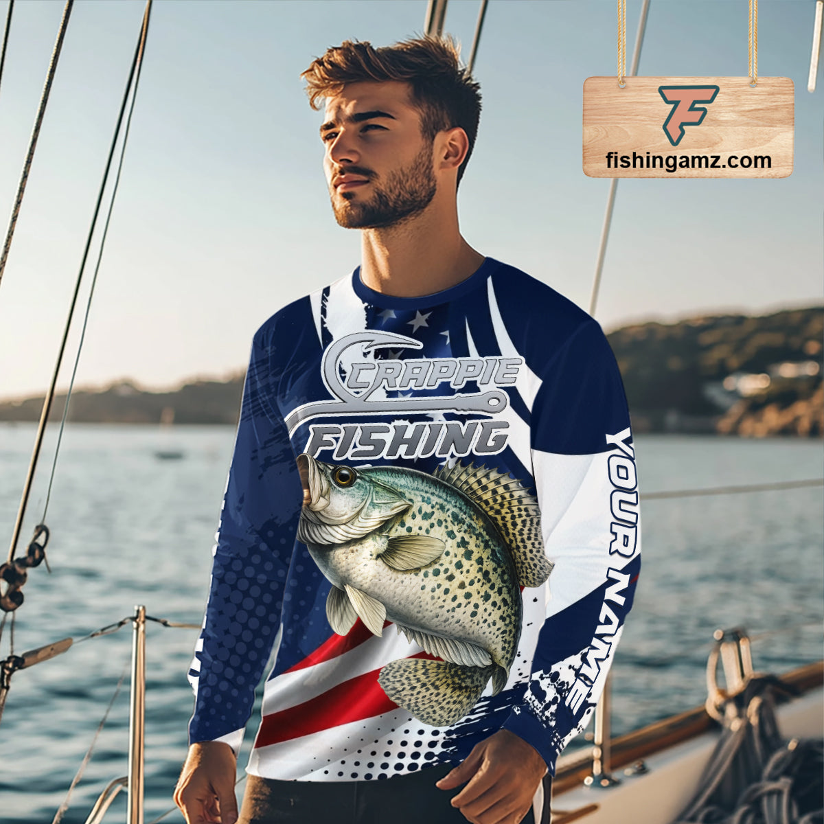 Crappie Fishing American Flag Custom Long Sleeve Tournament Fishing Shirts, Patriotic Crappie Fishing Jerseys NBT719