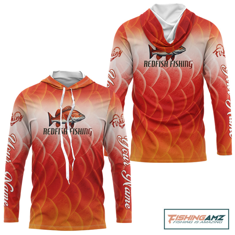 Custom Redfish Long Sleeve Hooded Fishing Shirts Fish Scale Red, Redfish Fly Fishing Performance Shirt NBT376
