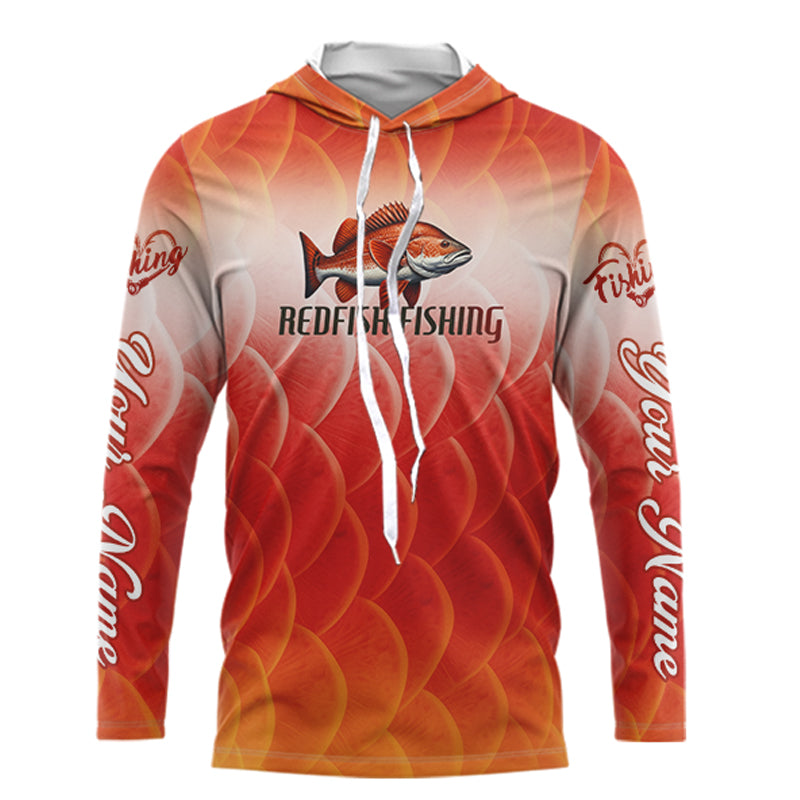 Custom Redfish Long Sleeve Hooded Fishing Shirts Fish Scale Red, Redfish Fly Fishing Performance Shirt NBT376