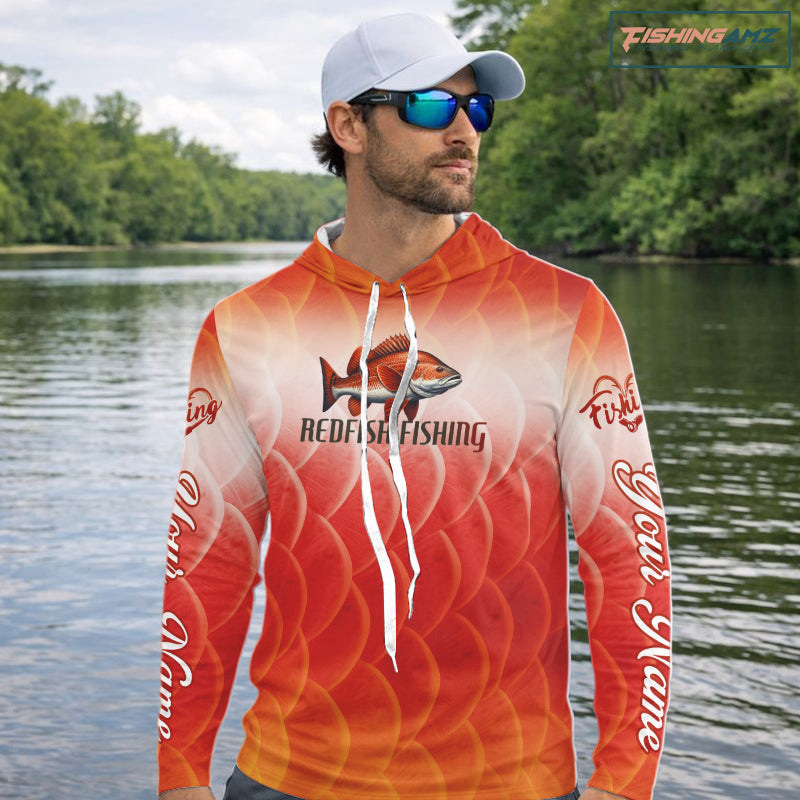 Custom Redfish Long Sleeve Hooded Fishing Shirts Fish Scale Red, Redfish Fly Fishing Performance Shirt NBT376