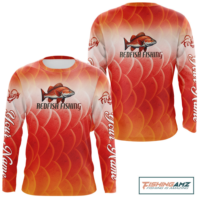 Custom Redfish Long Sleeve Fishing Shirts Fish Scale Red, Redfish Fly Fishing Performance Shirt NBT376