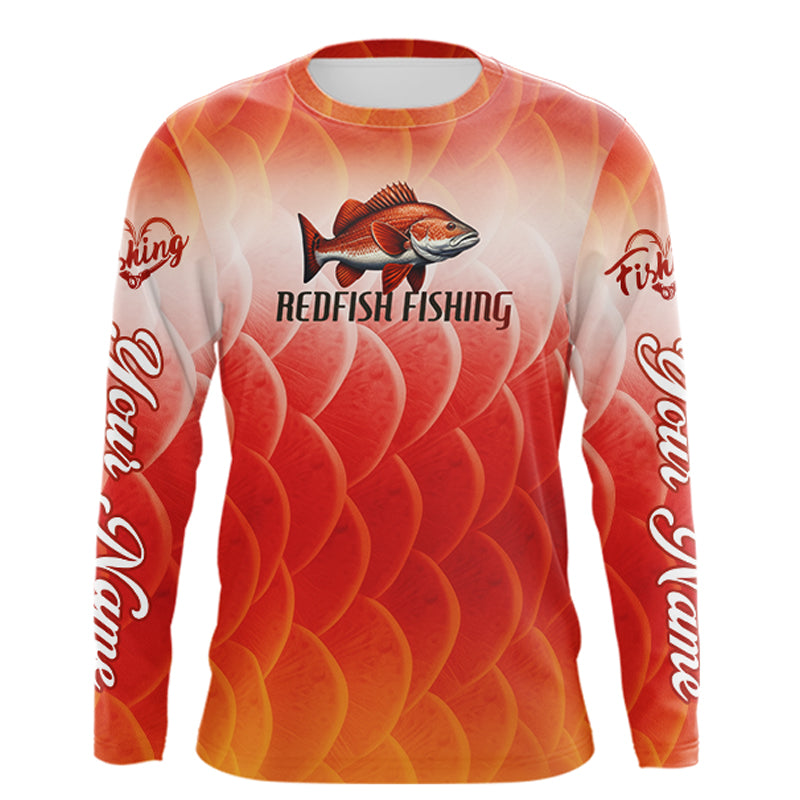 Custom Redfish Long Sleeve Fishing Shirts Fish Scale Red, Redfish Fly Fishing Performance Shirt NBT376