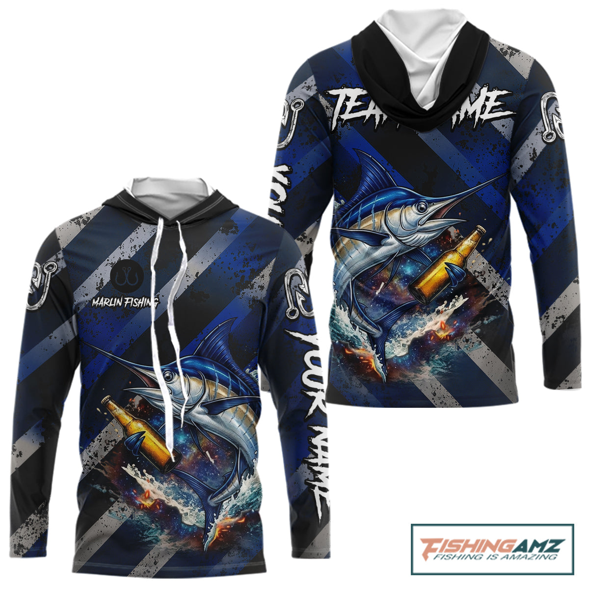 Marlin Fishing Custom Long Sleeve Hooded Fishing Shirts, Funny Beer Marlin Fishing Shirt NBT737
