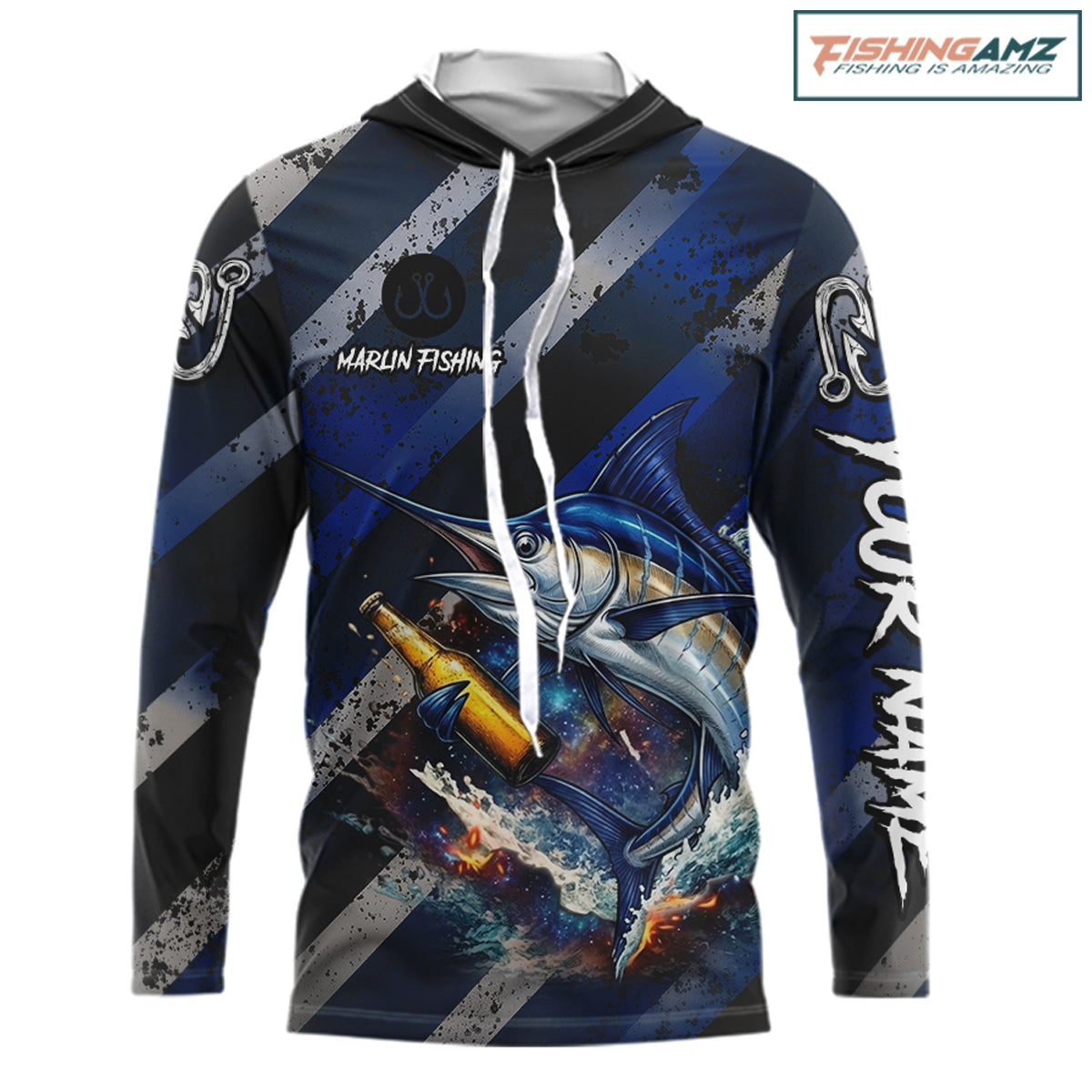 Marlin Fishing Custom Long Sleeve Hooded Fishing Shirts, Funny Beer Marlin Fishing Shirt NBT737