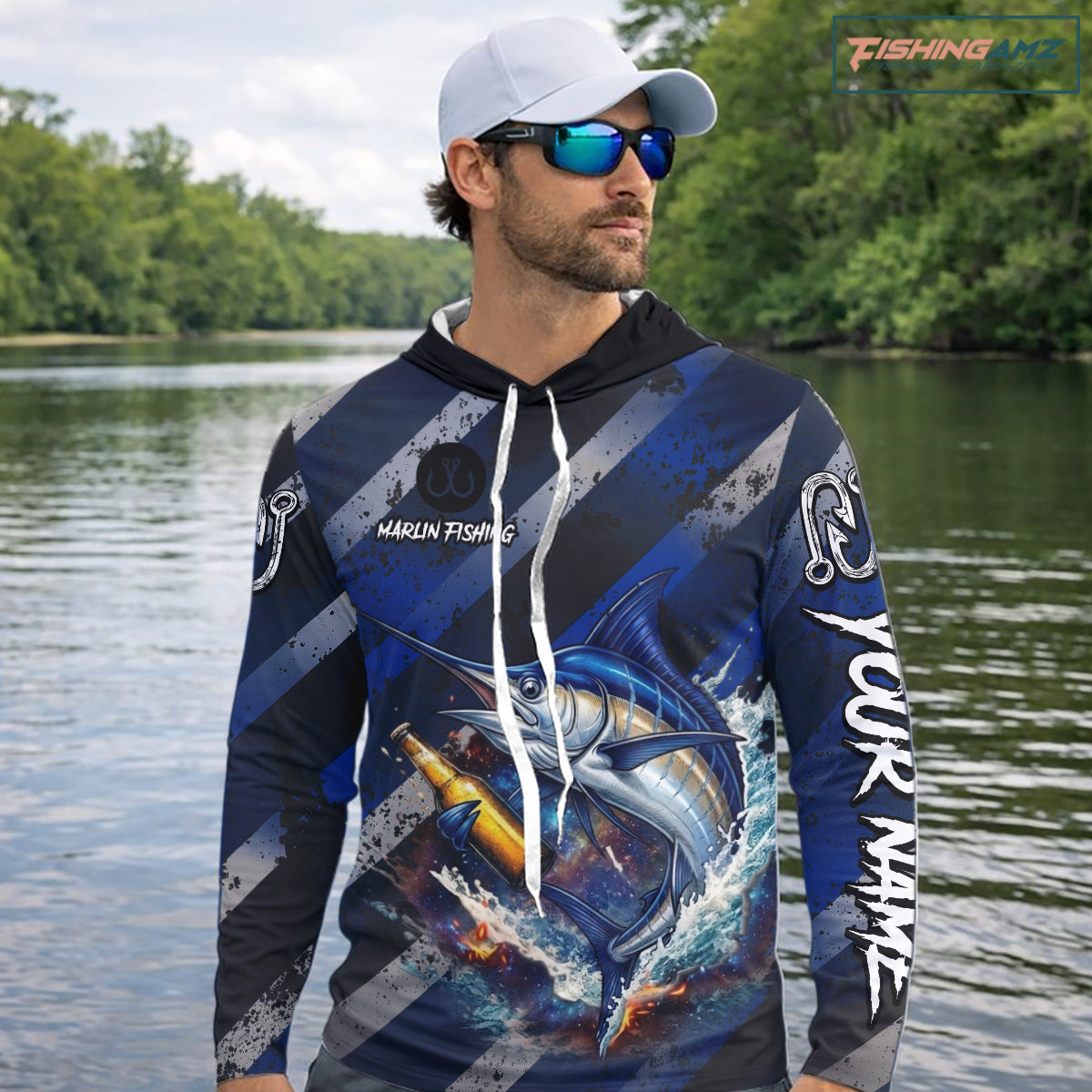 Marlin Fishing Custom Long Sleeve Hooded Fishing Shirts, Funny Beer Marlin Fishing Shirt NBT737