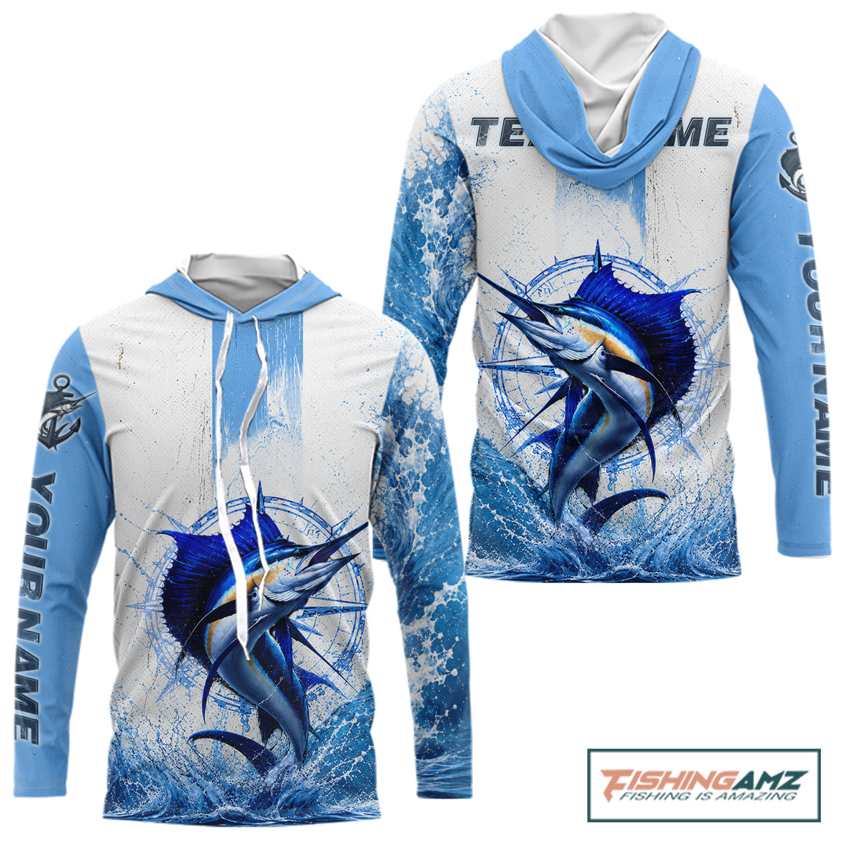 Front and back view Sailfish Fishing Custom Performance Fishing Shirt long sleeve hooded UPF protection with custom name and team name