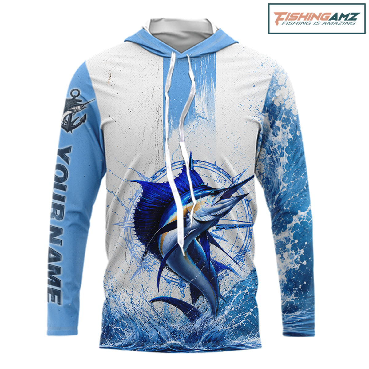 Front view Sailfish Fishing Custom Performance Fishing Shirt long sleeve hooded UPF protection with custom name and team name