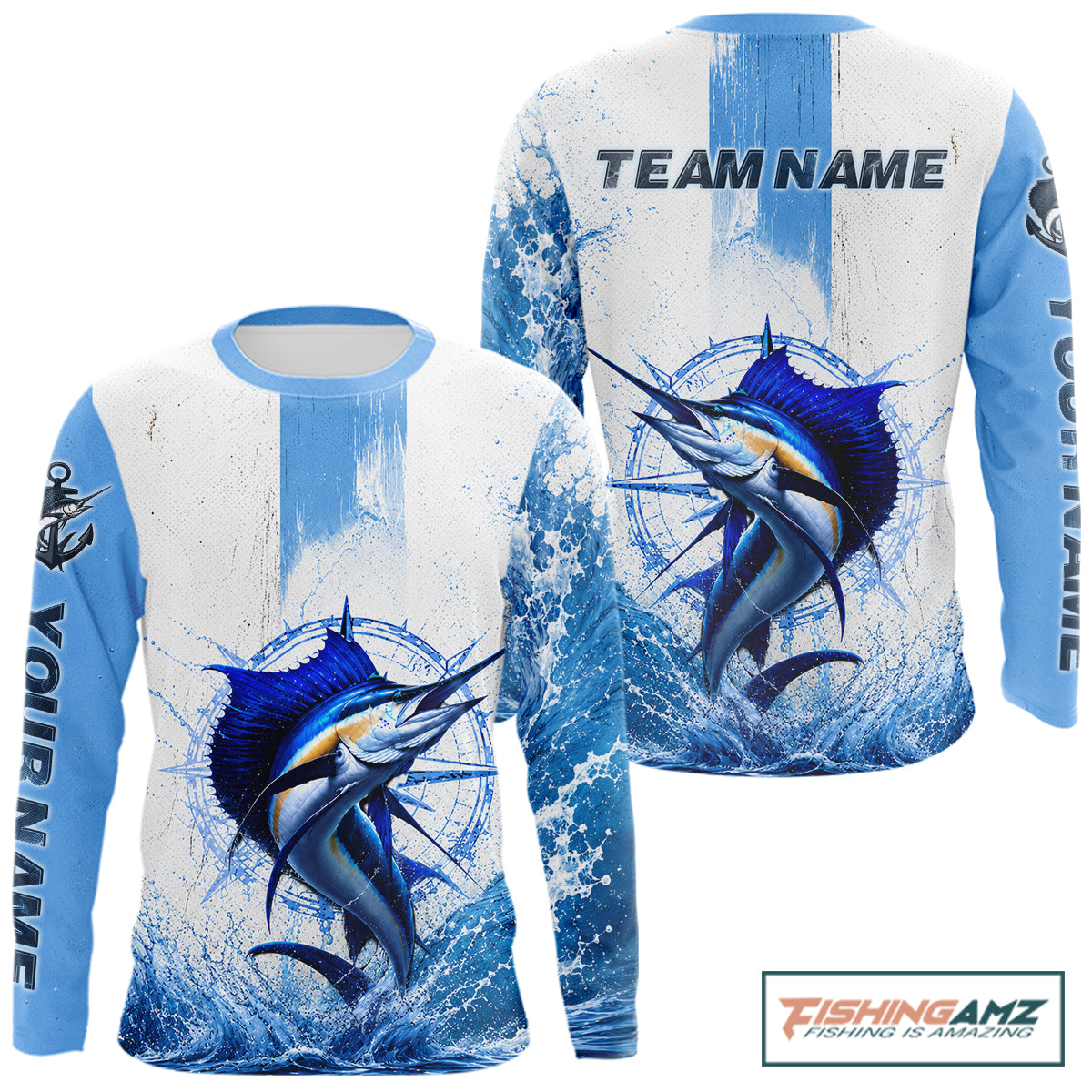 Front and back view Sailfish Performance Fishing Shirt custom sleeve UPF long sleeve fishing shirt