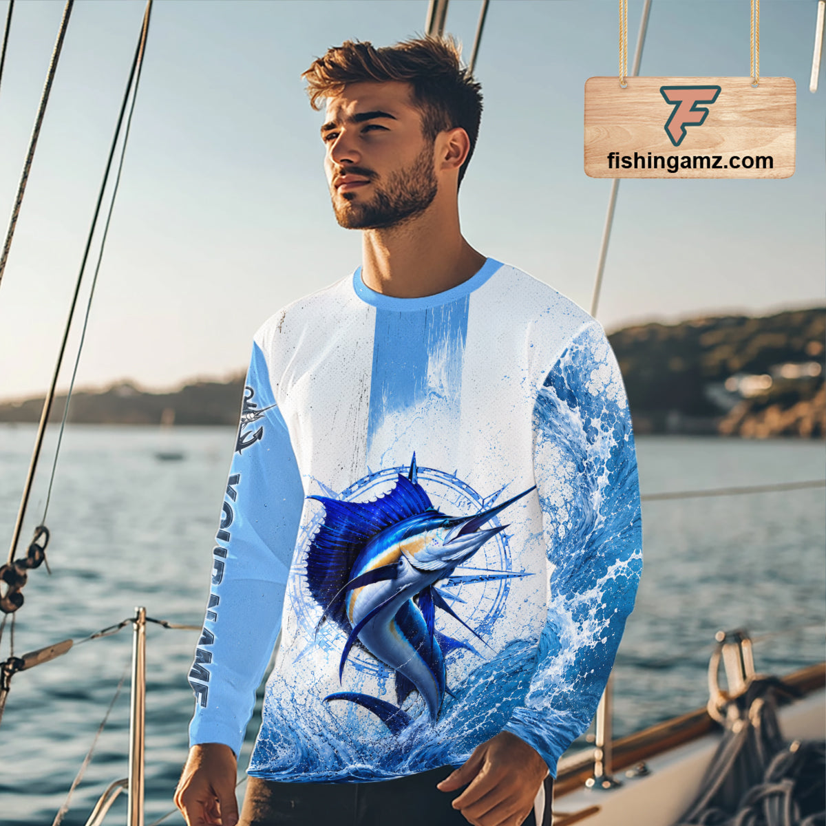 Angler wearing Sailfish performance fishing shirt hooded offshore fishing shirt saltwater fishing