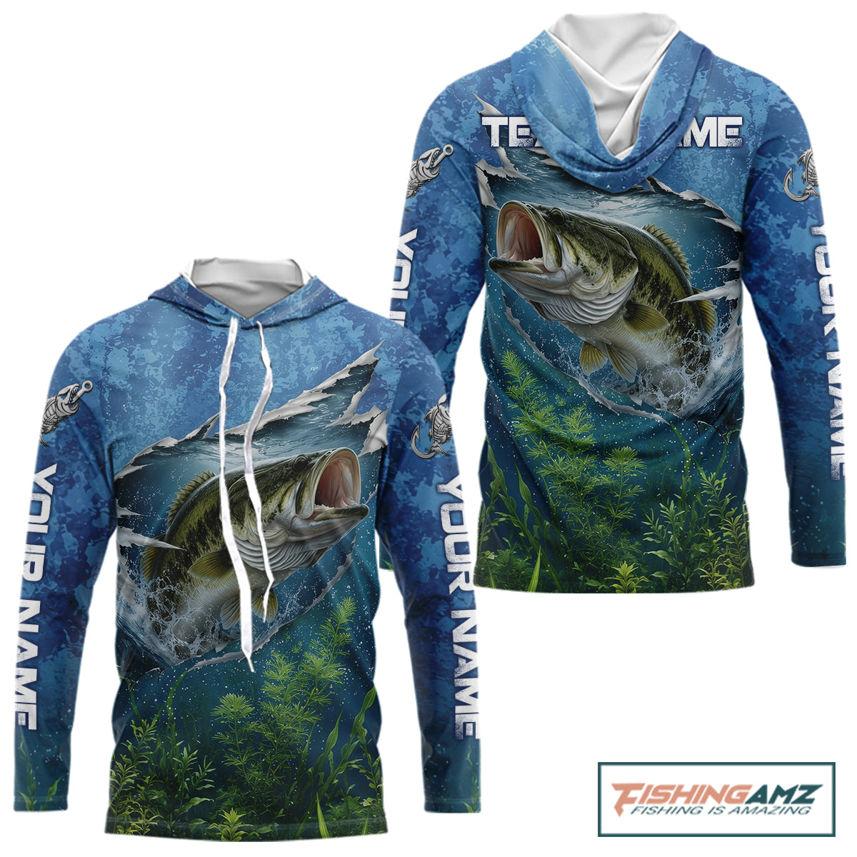 Personalized Bass Fishing Jerseys, Custom Camo Long Sleeve Hooded Bass Fishing Tournament Fishing Shirts NBT838