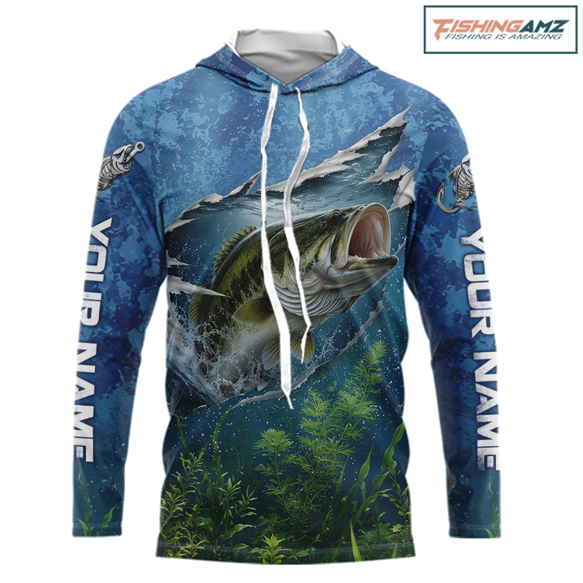 Personalized Bass Fishing Jerseys, Custom Camo Long Sleeve Hooded Bass Fishing Tournament Fishing Shirts NBT838