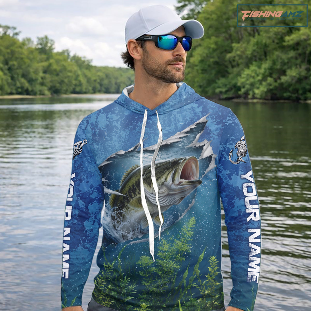 Angler wearing largemouth bass fishing shirt personalized camo long sleeve hooded bass fishing tournament