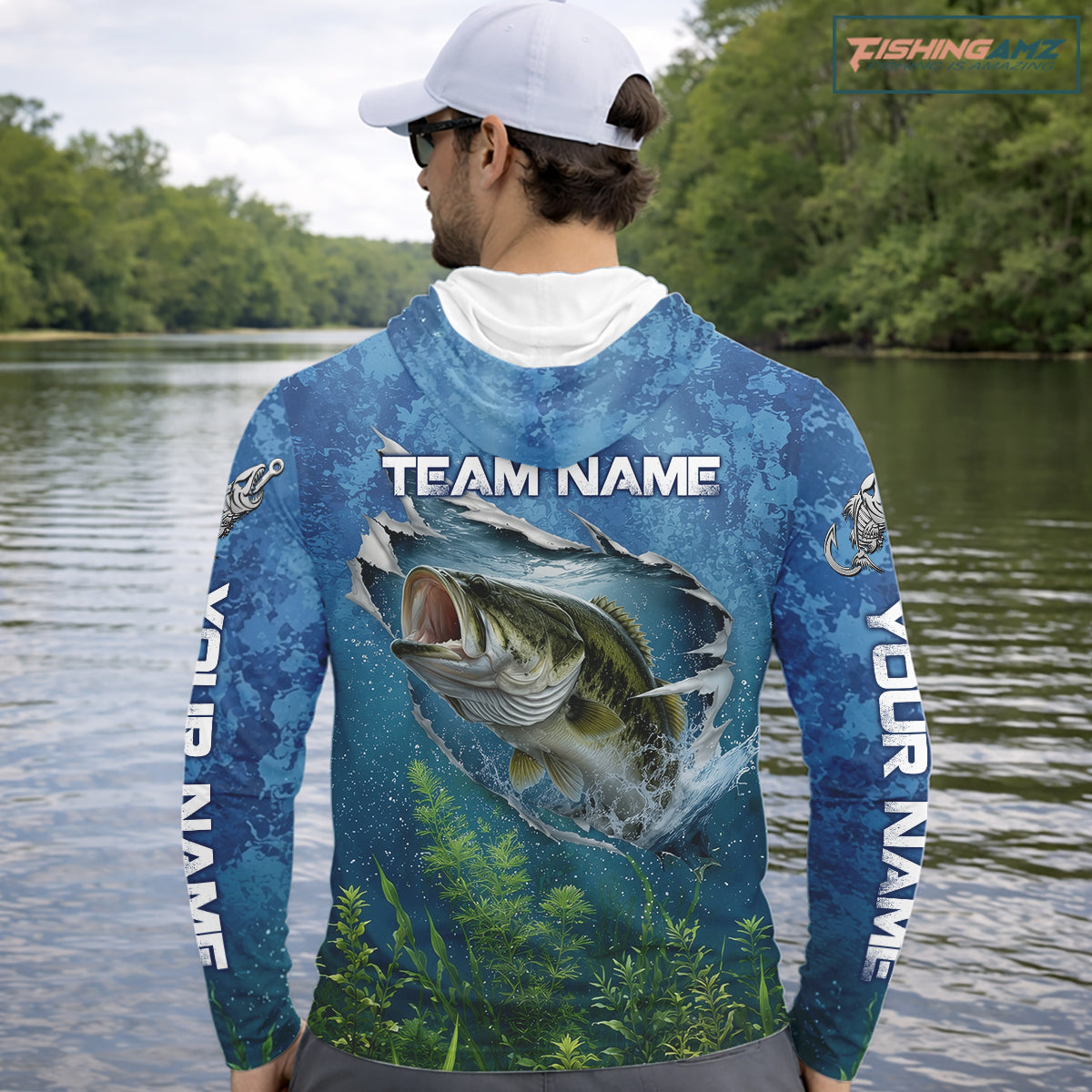 Angler wearing largemouth bass fishing shirt personalized camo long sleeve hooded bass fishing tournament with custom team name on the back.