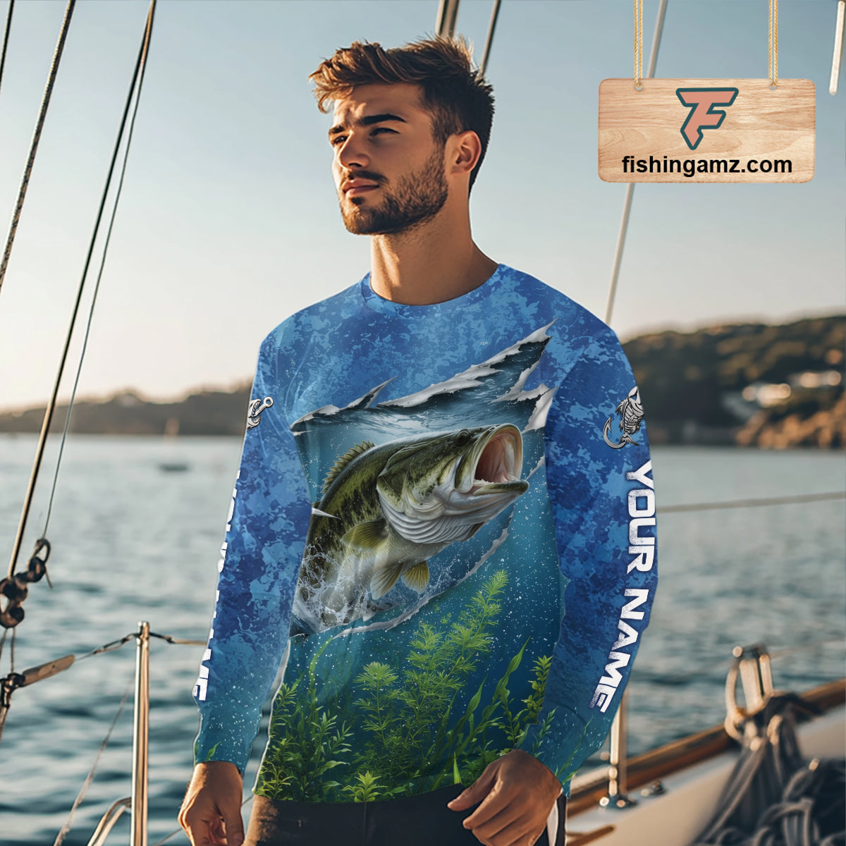 Angler wearing largemouth bass fishing shirt personalized camo long sleeve bass fishing tournament