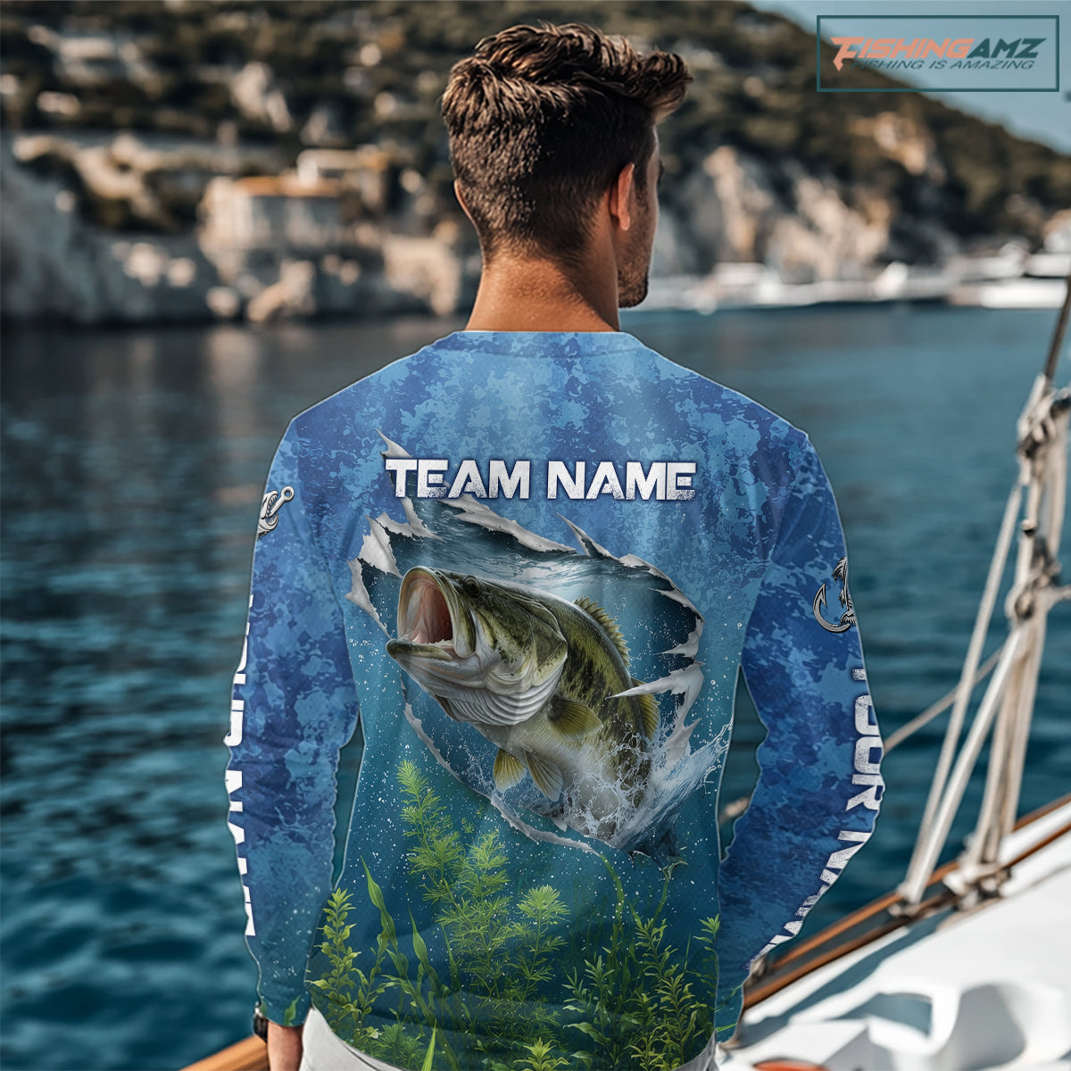 Angler wearing largemouth bass fishing shirt personalized camo long sleeve bass fishing tournament with custom team name on the back