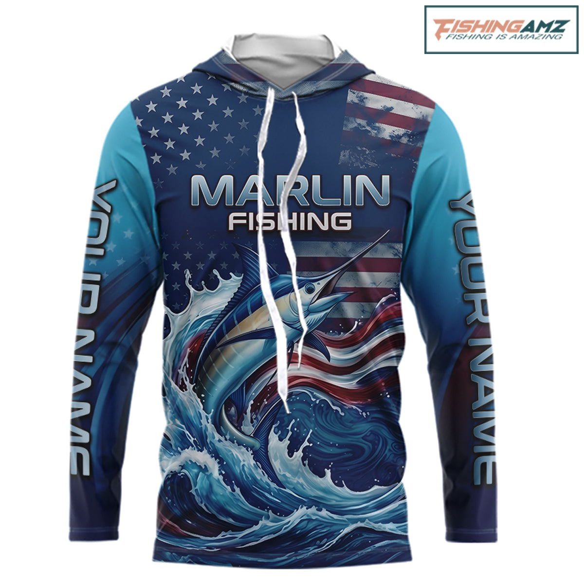 Front view American Flag Marlin Fishing Shirt personalized patriotic long sleeve hooded UPF fishing shirt