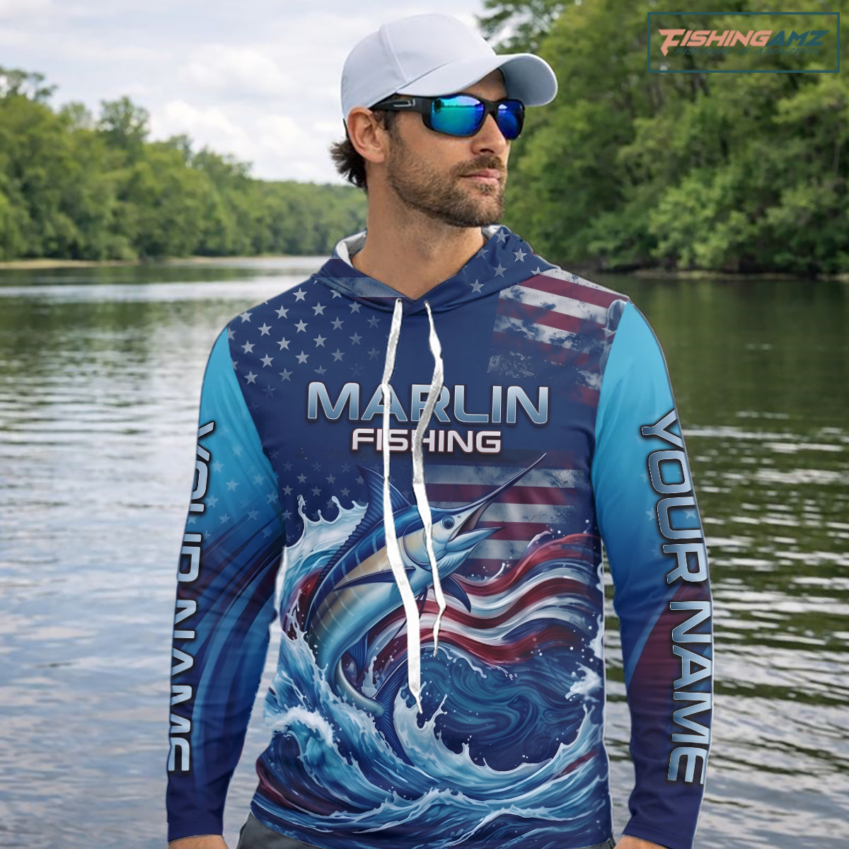 Angler wearing American Flag Marlin Fishing Shirt personalized patriotic long sleeve hooded UPF saltwater fishing