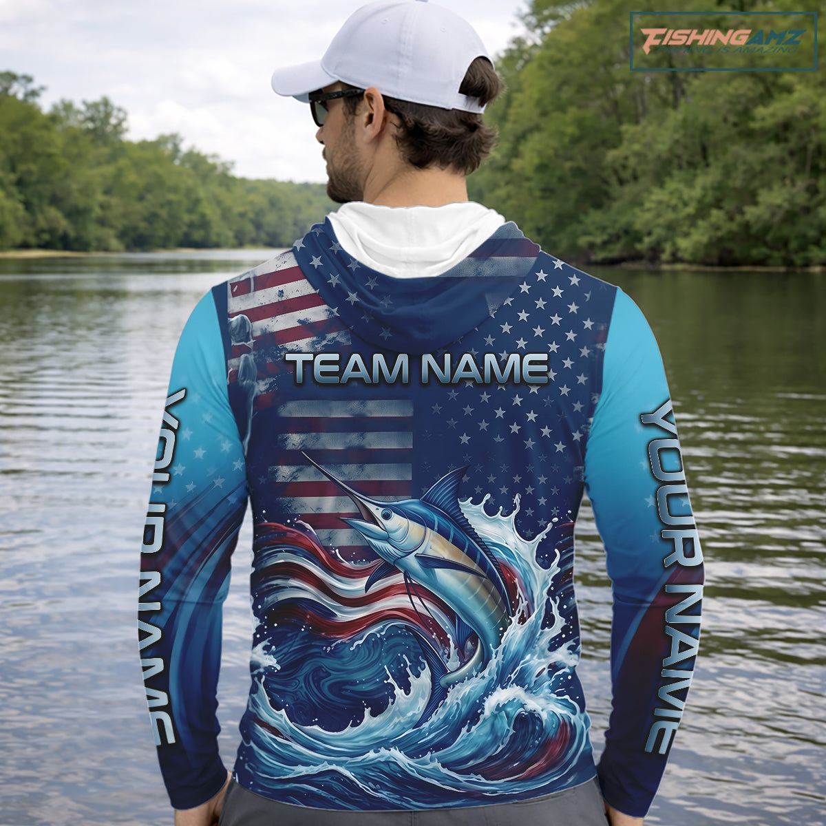Back view American Flag Marlin Fishing Shirt personalized patriotic long sleeve hooded UPF