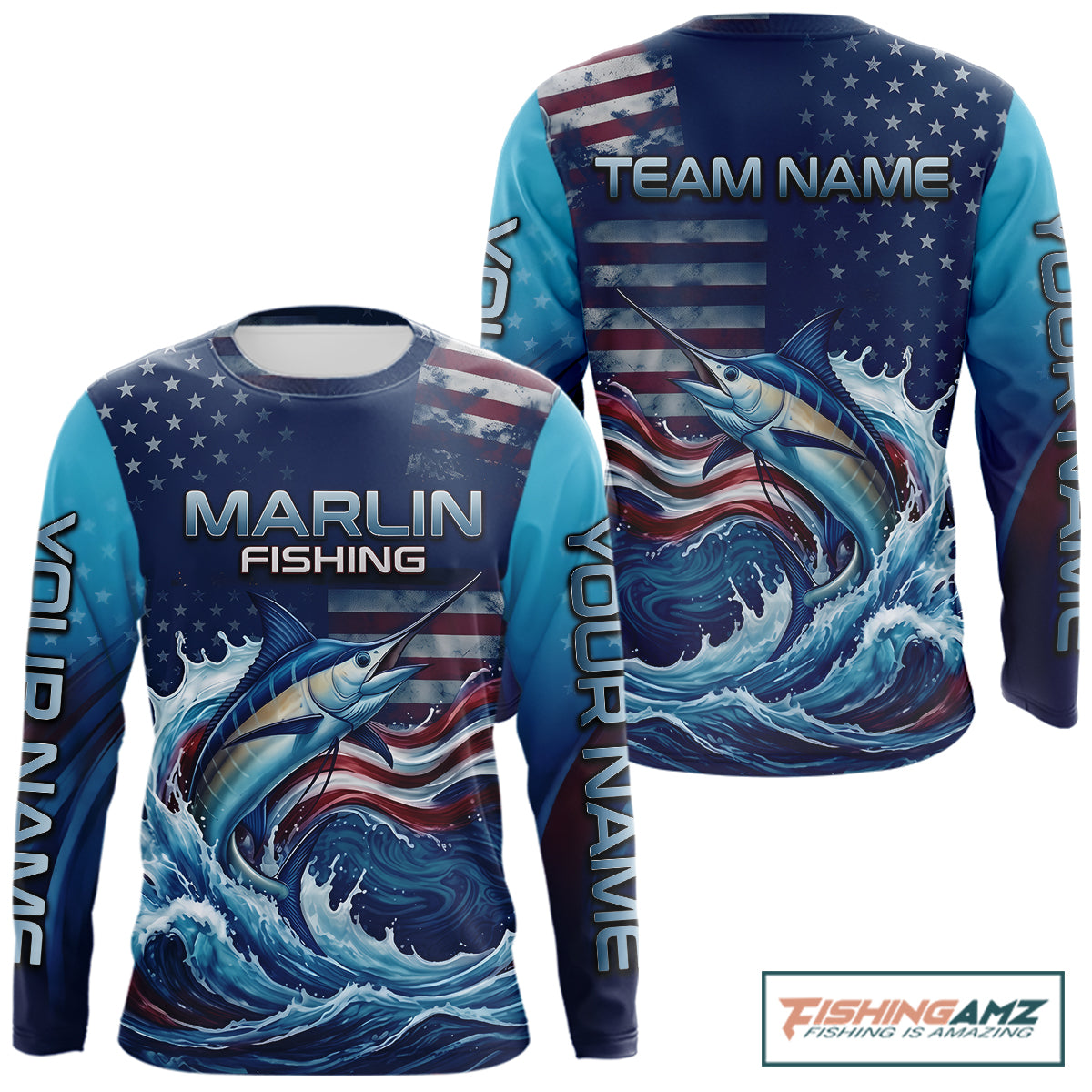 Front and back view American Flag Marlin Fishing Shirt personalized name patriotic long sleeve UPF fishing shirt