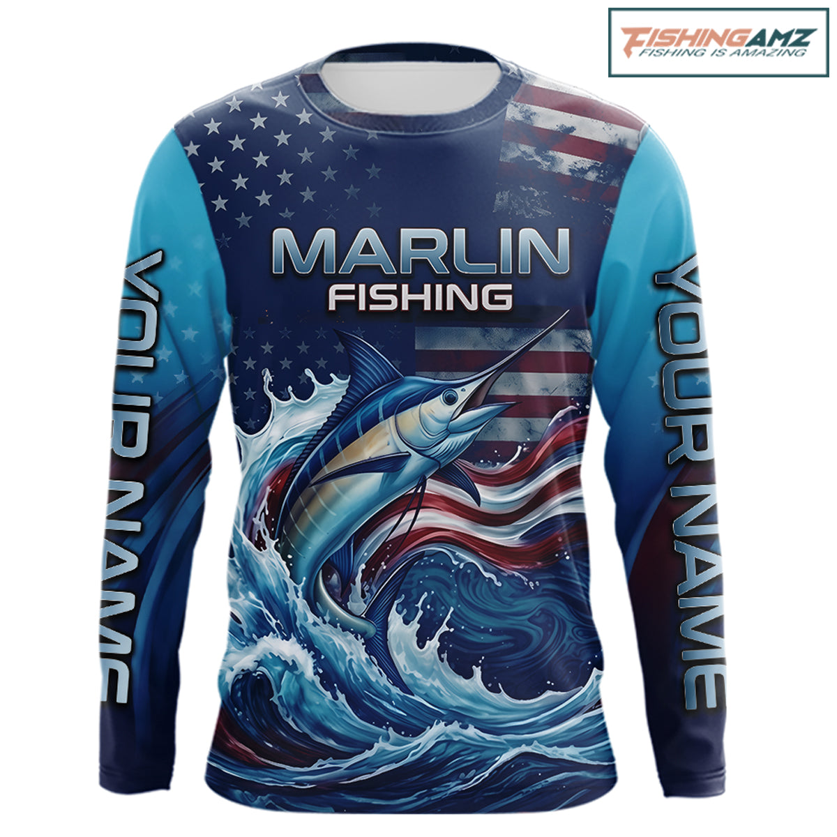 Front view American Flag Marlin Fishing Shirt personalized patriotic long sleeve UPF fishing shirt