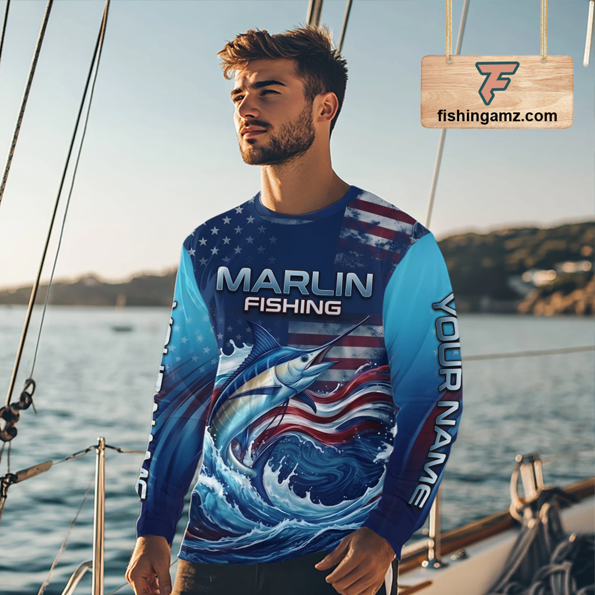 Angler wearing American Flag Marlin Fishing Shirt personalized patriotic long sleeve UPF saltwater fishing