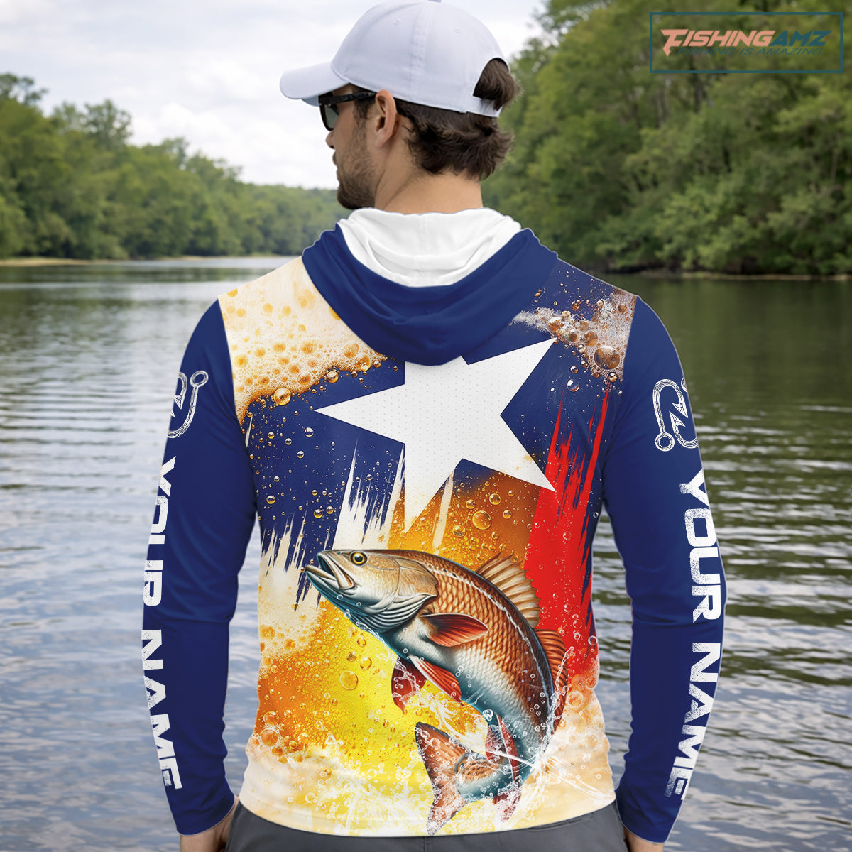 Custom Texas Flag Redfish Fishing Shirts, Funny Fishing Beer Shirts Long Sleeve Hooded For Team NBT619