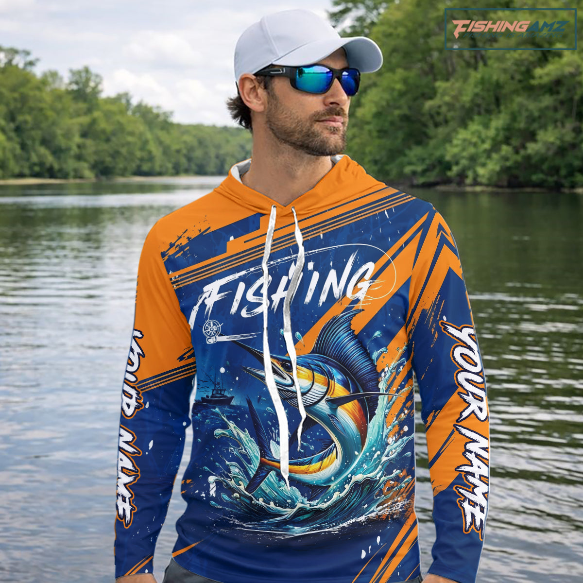 Angler wearing Custom Marlin Fishing Blue Orange long sleeve hooded saltwater fishing jersey