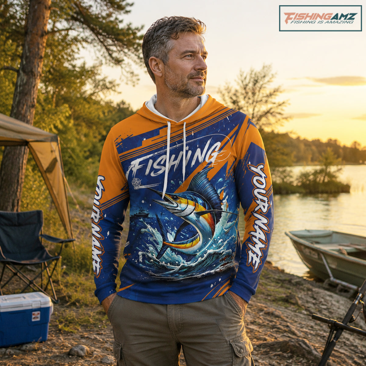Angler wearing Custom Marlin Fishing Blue Orange long sleeve hooded saltwater fishing jersey