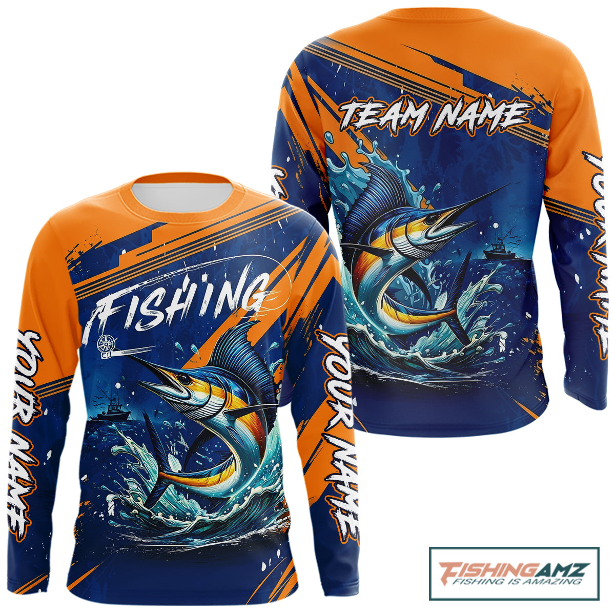 Front and back view Custom Marlin Fishing Blue Orange long sleeve shirt, Marlin saltwater fishing jersey with UPF protection and personalized name