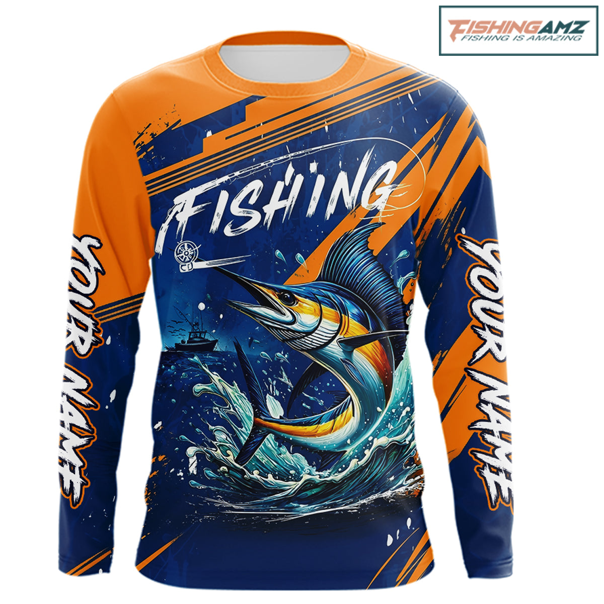 Front view Custom Marlin Fishing Blue Orange long sleeve shirt, Marlin saltwater fishing jersey with UPF protection