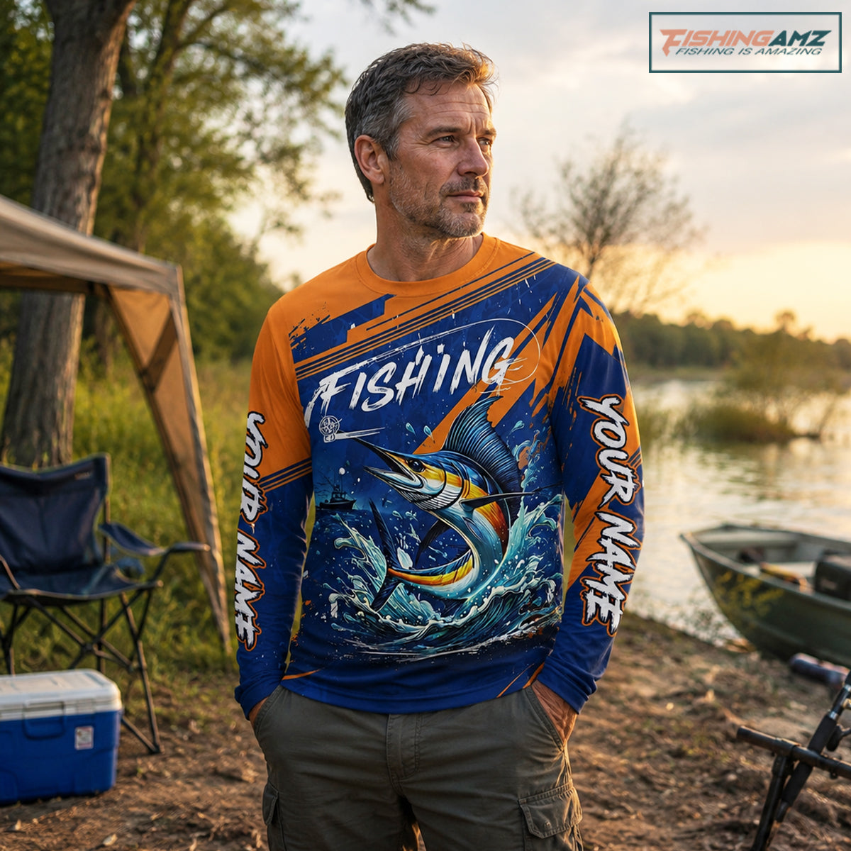 Angler wearing Custom Marlin Fishing Blue Orange long sleeve saltwater fishing jersey 
