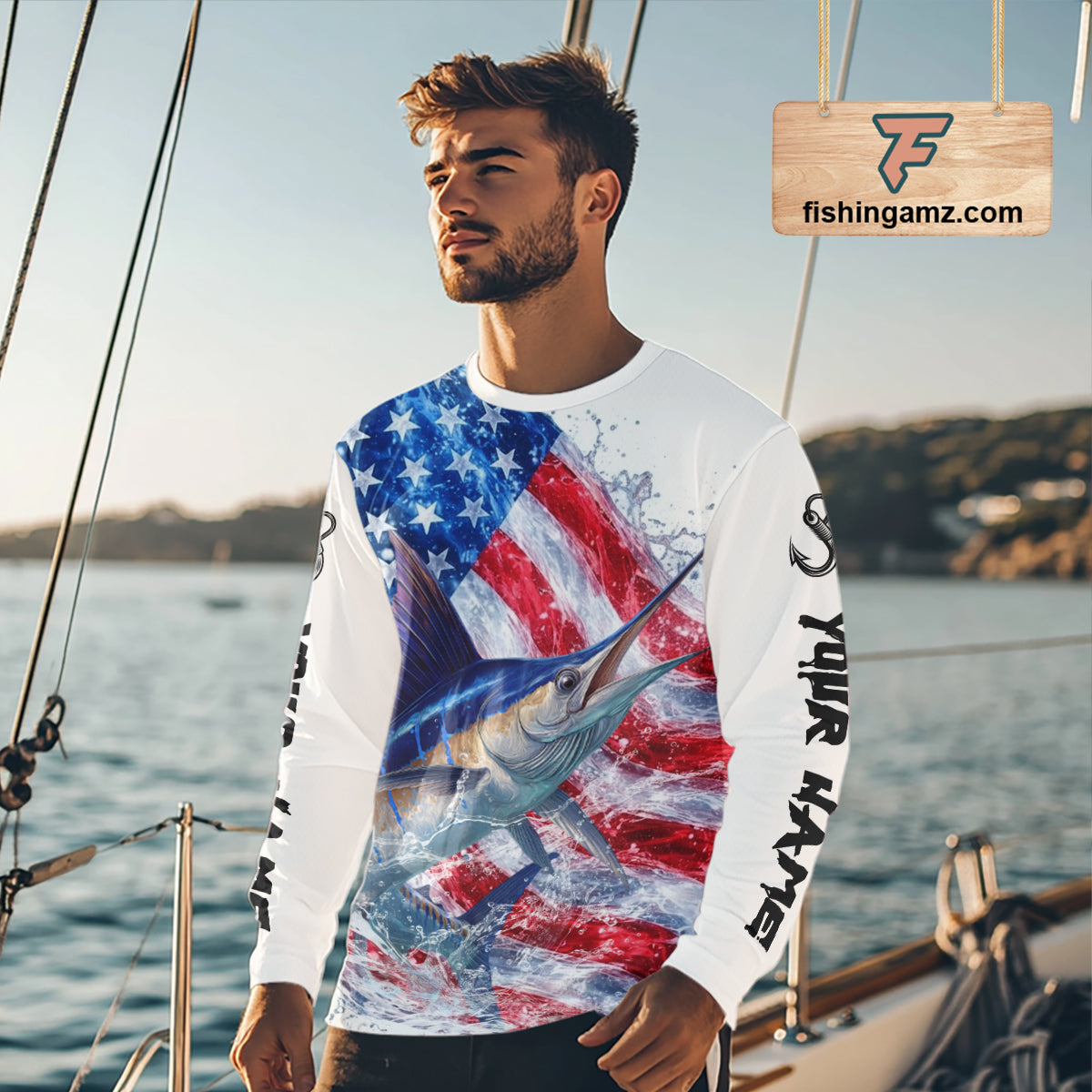 American Flag Patriotic Marlin Fishing Custom Long Sleeve Shirts, 4th of July Fishing Tournament Shirts NBT526