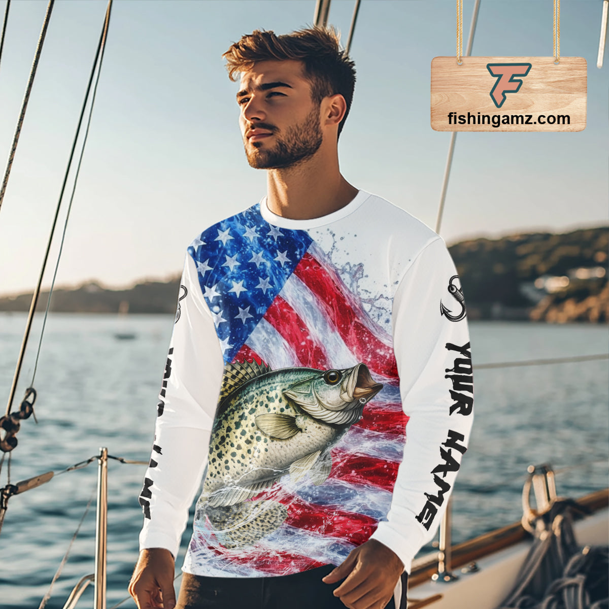 American Flag Patriotic Crappie Fishing Custom Long Sleeve Shirts, 4th of July Fishing Tournament Shirts NBT525