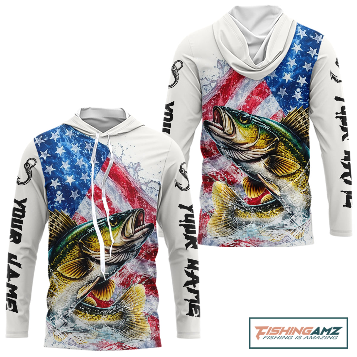 American Flag Patriotic Walleye Fishing Custom Long Sleeve Hooded Shirts, 4th of July Fishing Tournament Shirts NBT527