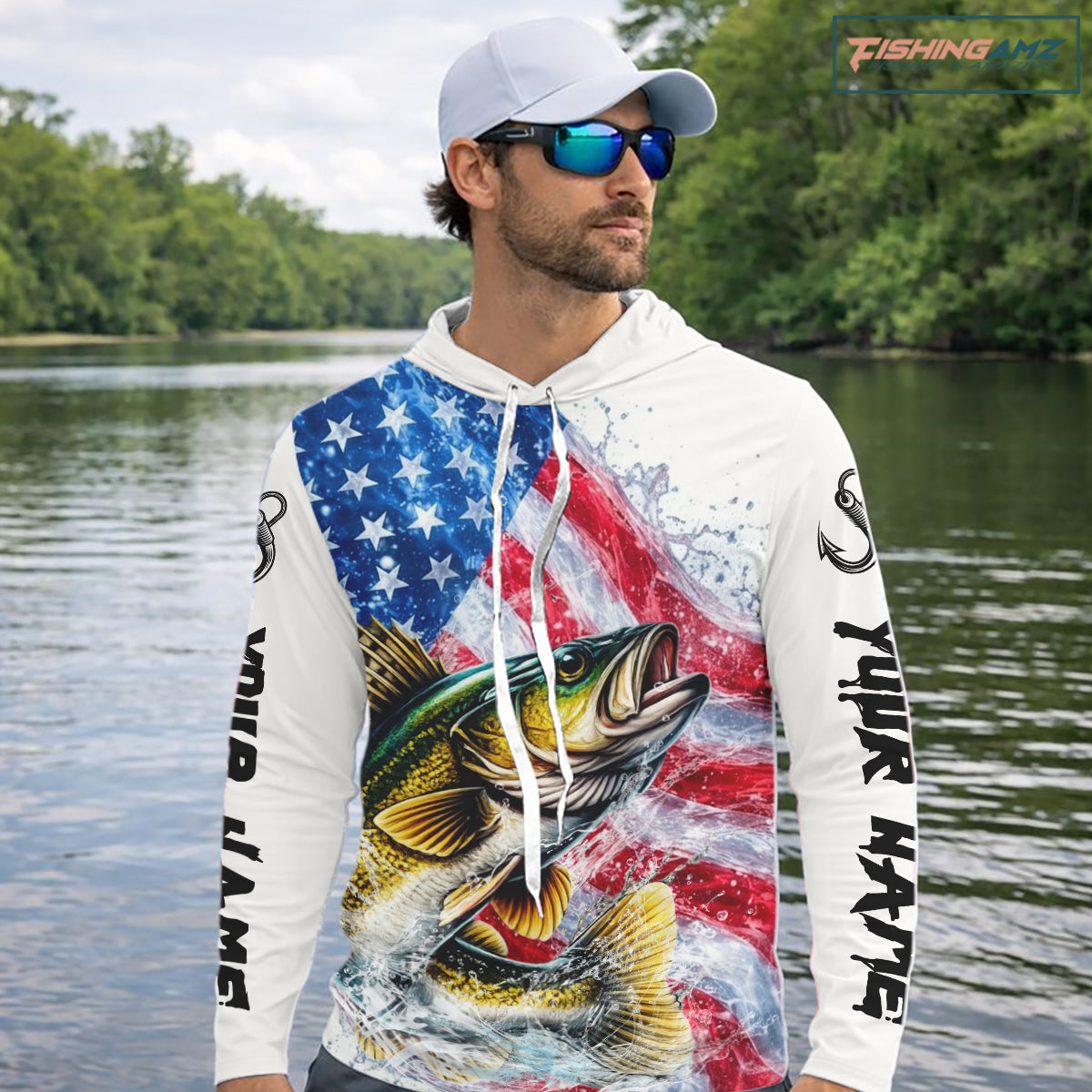 American Flag Patriotic Walleye Fishing Custom Long Sleeve Hooded Shirts, 4th of July Fishing Tournament Shirts NBT527