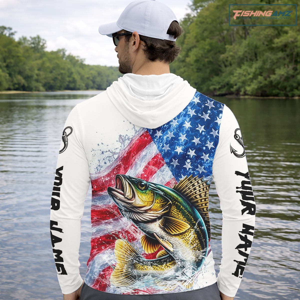 American Flag Patriotic Walleye Fishing Custom Long Sleeve Hooded Shirts, 4th of July Fishing Tournament Shirts NBT527