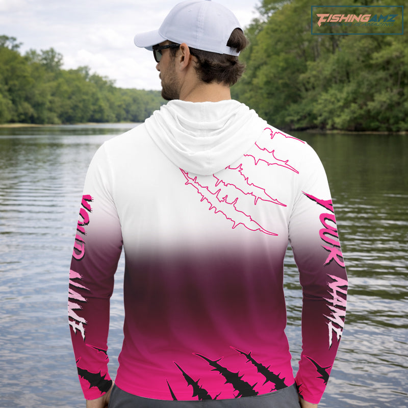 Largemouth Bass Long Sleeve Hooded Fishing Shirts Pink Angry Fish, Bass Fishing Shirts NBT387