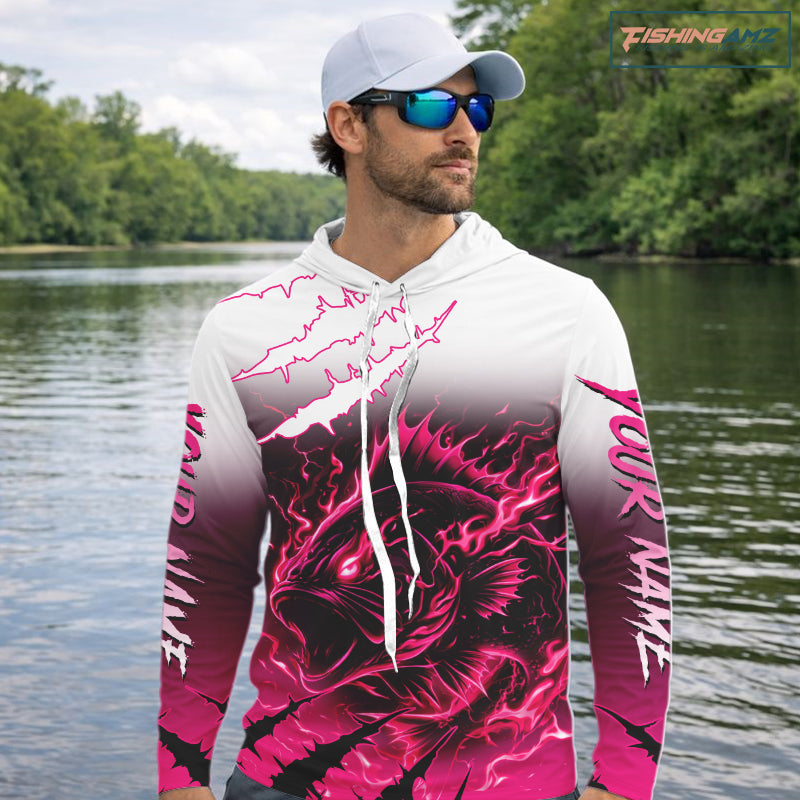 Largemouth Bass Long Sleeve Hooded Fishing Shirts Pink Angry Fish, Bass Fishing Shirts NBT387